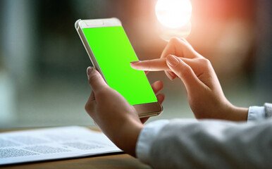 Aufkleber - Green screen, phone and woman hands for business communication, mobile app and mockup search at night. Online space, typing and professional person, social media, networking or internet chat mock up