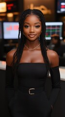 Poster - A woman with long hair and a gold necklace is standing in front of a computer monitor. She is wearing a black dress and she is smiling