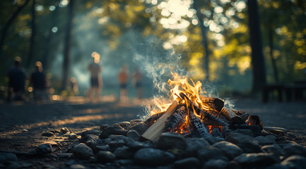 a campfire in the woods with smoke rising from it, blurred people walking away in the background. in