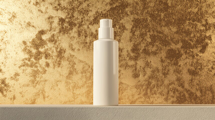 A minimalistic white bottle standing on a pastel concrete floor with a gold wall background, perfect for a product packaging layout or cosmetic branding