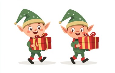 Adorable cartoon elves in green outfits carrying colorful Christmas presents, captured in charming clip art style