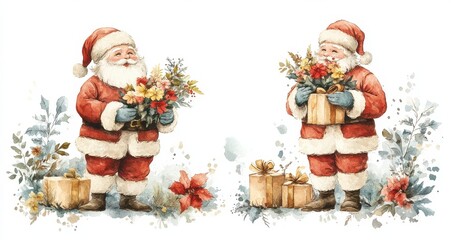 Vintage Santa Claus duo holding festive holiday flowers and gifts in a watercolor illustration for Christmas.