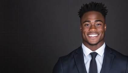 A handsome young man in a suit, smiling with a confident and professional pose against a dark grey background with copy space for text.