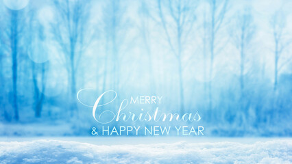 Wall Mural - merry christmas and happy new year greetings isolated on blurred snowy winter forest landscape, text