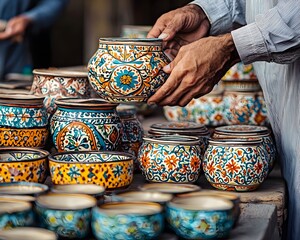 Handpainted Pottery Displayed by Merchant at Local Market Showcasing Cultural