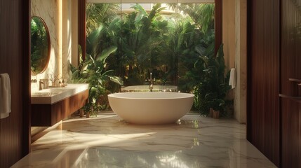 Poster - A luxurious bathroom interior with marble floors, a freestanding bathtub, and a large window overlooking a lush garden, creating a spa-like ambiance.