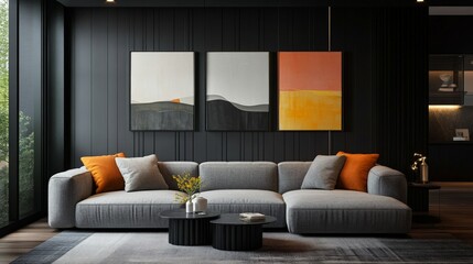 Poster - A luxurious living room setup featuring a gray sofa and three square accent paintings framed on a black wall, with soft lighting emphasizing the gallery-inspired design.