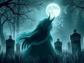 Poster - A scary monster is standing in front of a cemetery. The cemetery is full of gravestones, and there are two crosses in the background. The moon is shining brightly in the sky