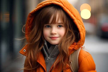 Portrait of a cute little girl in an orange jacket on the street.