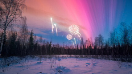 winter night landscape with forest, pink polar light and fireworks over the taiga. new year card wit