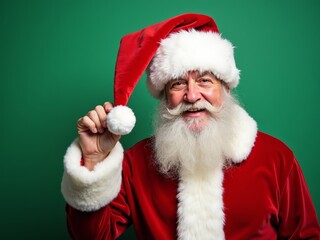 A cheerful Santa Claus in a festive red suit and hat smiles warmly while greeting with a hand gesture against a green background