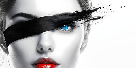 A striking portrait of a Caucasian female model with bold red lips and one blue eye, partially obscured by a dramatic black brush stroke across her face.