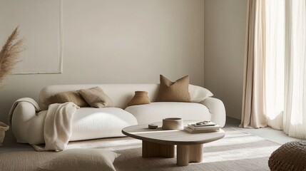 Poster - A Scandinavian-style living room featuring a white sofa, a minimalist coffee table, and neutral-toned cushions, creating a serene, peaceful ambiance.