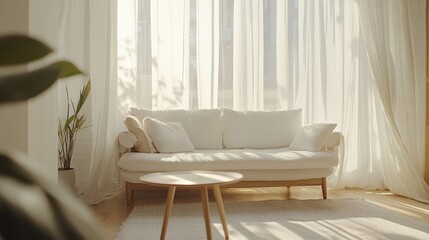 Poster - A Scandinavian-style living room featuring a white sofa with light wooden legs, a minimalist coffee table, and natural light streaming in through large windows framed by sheer white curtains.