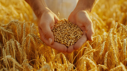 The Essence of Harvest: A Farmer's Hands Filled with Wheat Grains in a Vast Field