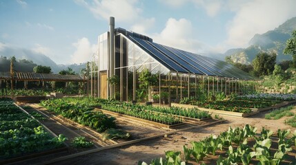 Wall Mural - a solar-powered greenhouse producing carbon-neutral food, promoting sustainable agriculture