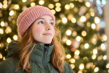 the girl in front of the Christmas tree lights