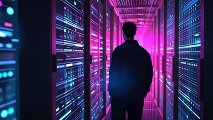 Leinwandbilder - Amidst rows of illuminated server racks, an individual stands in a data center, observing the intricate array of wires and technology in the soft purple and blue lights.