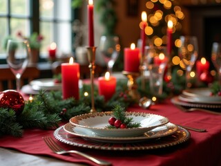 Elegant holiday dining table setup with candles, festive decor, and seasonal greenery on a cozy Christmas evening