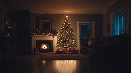 A quiet Christmas night scene in a dark living room with a glowing fireplace and a brightly lit festive tree