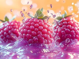 Wall Mural - A close-up shot of fresh raspberries splashing into vibrant purple liquid, capturing the movement and freshness in an eye-catching, colorful setting.