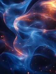 Wall Mural - A mesmerizing abstract wave of swirling blue and orange light, blending seamlessly, creating a cosmic feel with sparkling details against a dark backdrop.