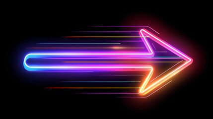 colorful arrow made of glowing light beams, pointing right at the center on a black background he arrow forms an elegant and dynamic shape with a sense of motion and speed