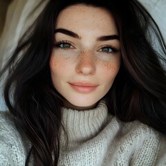 Close-up portrait of a young Caucasian woman with freckles, wearing a cozy sweater, exuding warmth and natural beauty with her soft smile and mesmerizing green eyes.