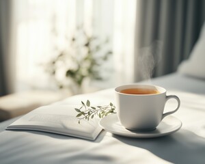 A steaming cup of tea on a cozy bed next to a book, creating a calming and inviting atmosphere for relaxation.