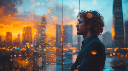 Silhouette of a man financier think about something while standing near office window background with copy space for your text message or advertising content, young male thoughtful rest after briefing