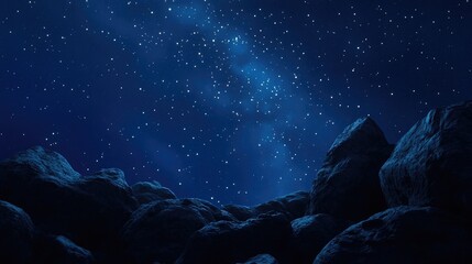 Wall Mural - Panoramic shot of the Milky Way featuring a 3D cartoon rendering showcasing stars against a clean silhouette of rocks