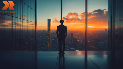 Silhouette of a man financier think about something while standing near office window background with copy space for your text message or advertising content, young male thoughtful rest after briefing