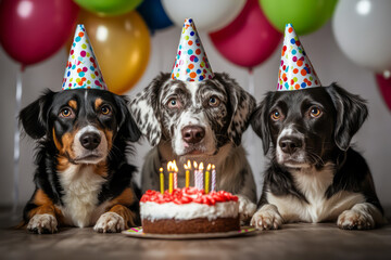 Birthday of three cats, cat with party hat, birthday cake, behind the cat several party balloons. Generative AI