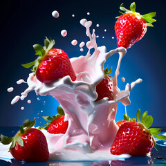 Artistic illustration. Falling strawberries in cream on a blue background