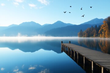 Serene lake view with mountains, fog, and birds in the sky.