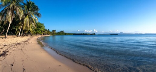 Serene beach with palm trees under a clear blue sky and calm water.