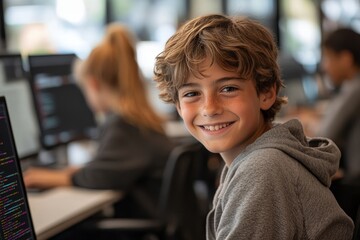 Young school boy smiling at the camera in a coding class, with his classmates in the background, Generative AI