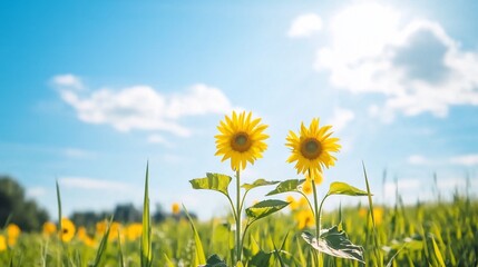 A vibrant scene of sunflowers under a bright blue sky.