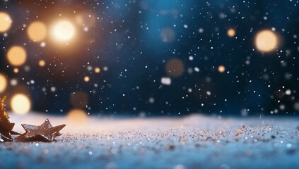 A serene winter scene with snowflakes and soft glowing lights.