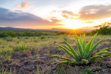 A vibrant sunset illuminates a landscape featuring an agave plant.