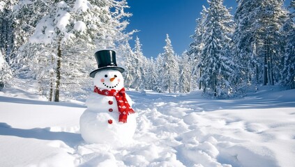 A cheerful snowman stands in a snowy forest under a clear blue sky.