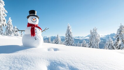 A cheerful snowman stands in a snowy landscape under a clear blue sky.