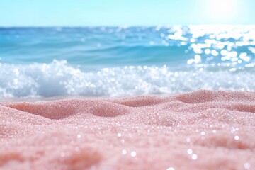 A serene beach scene with pink sand and gentle ocean waves.