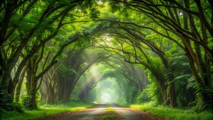 Vibrant green trees form a natural tunnel in a dense, misty deep tropical jungle of Southeast Asia, creating an immersive extra wide background banner.