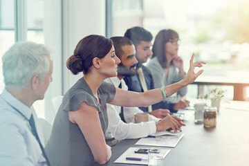 Poster - Business people, meeting and office with question, documents and teamwork for discussion or review. Group, seminar and collaboration for feedback, advice and project management as employees or staff