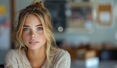 Canvas Print - A woman with blonde hair and blue eyes is sitting at a table. She is wearing a white sweater and a necklace