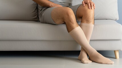 compression stockings for varicose veins and thrombosis recovery: unrecognizable man resting on sofa