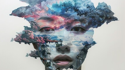 Surreal Collage Art: Face with Clouds and Mountains