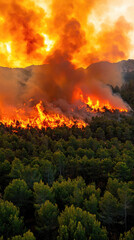 Aerial view of forest engulfed in flames, showcasing vibrant orange and red hues against backdrop of smoke and trees. scene captures intensity and destruction of wildfire