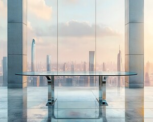 Sleek Glass Table with City Skyline Backdrop for Tech Product Display